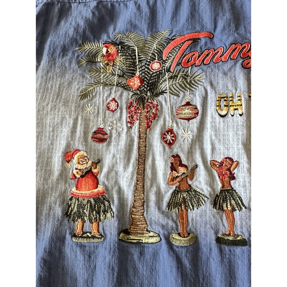 Tommy Bahama Shirt Mens XXL Button Up Oh Tan and Palm Tiki Girls Silk Blue - Picture 11 of 16